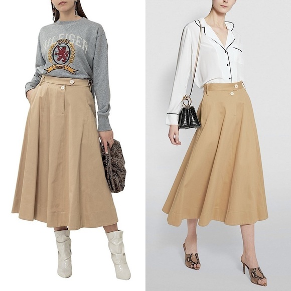 TOMMY HILFIGER Khaki Embroidered Crest Cotton Twill Pleated Chino Midi Skirt L - Picture 1 of 14